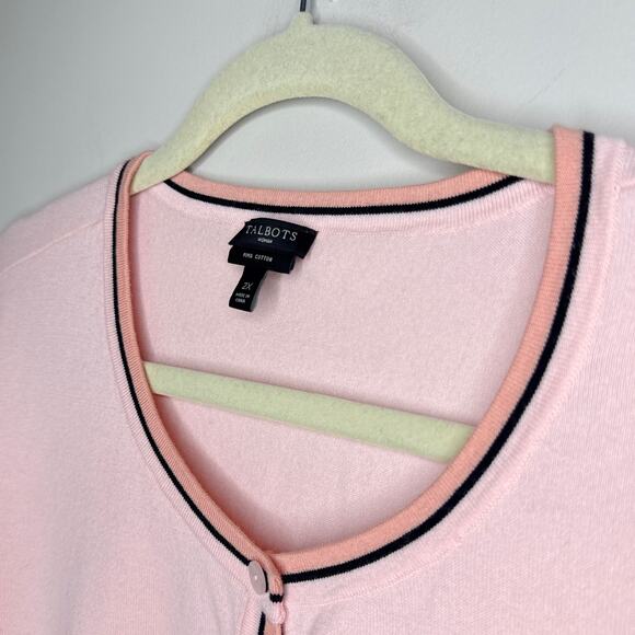 Talbots Woman Pima Cotton Size 2X Pink Contrast Trim Summer Button-Up Cardigan - Picture 3 of 8